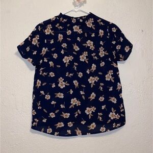 Japna Women's blouse small blue pink cherry blossom floral short sleeve shirt